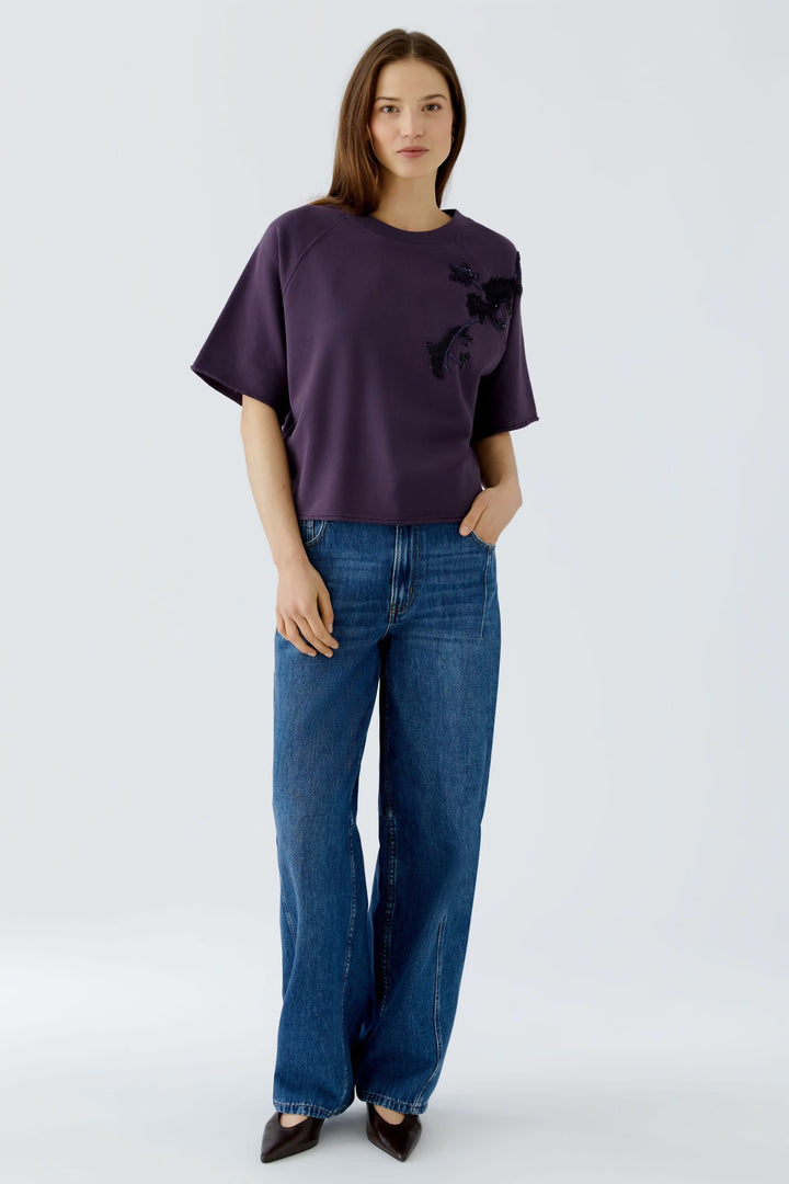 Vue de face chandail floral Oui pour femme blanc avec appliquée florale - Valérie Simon