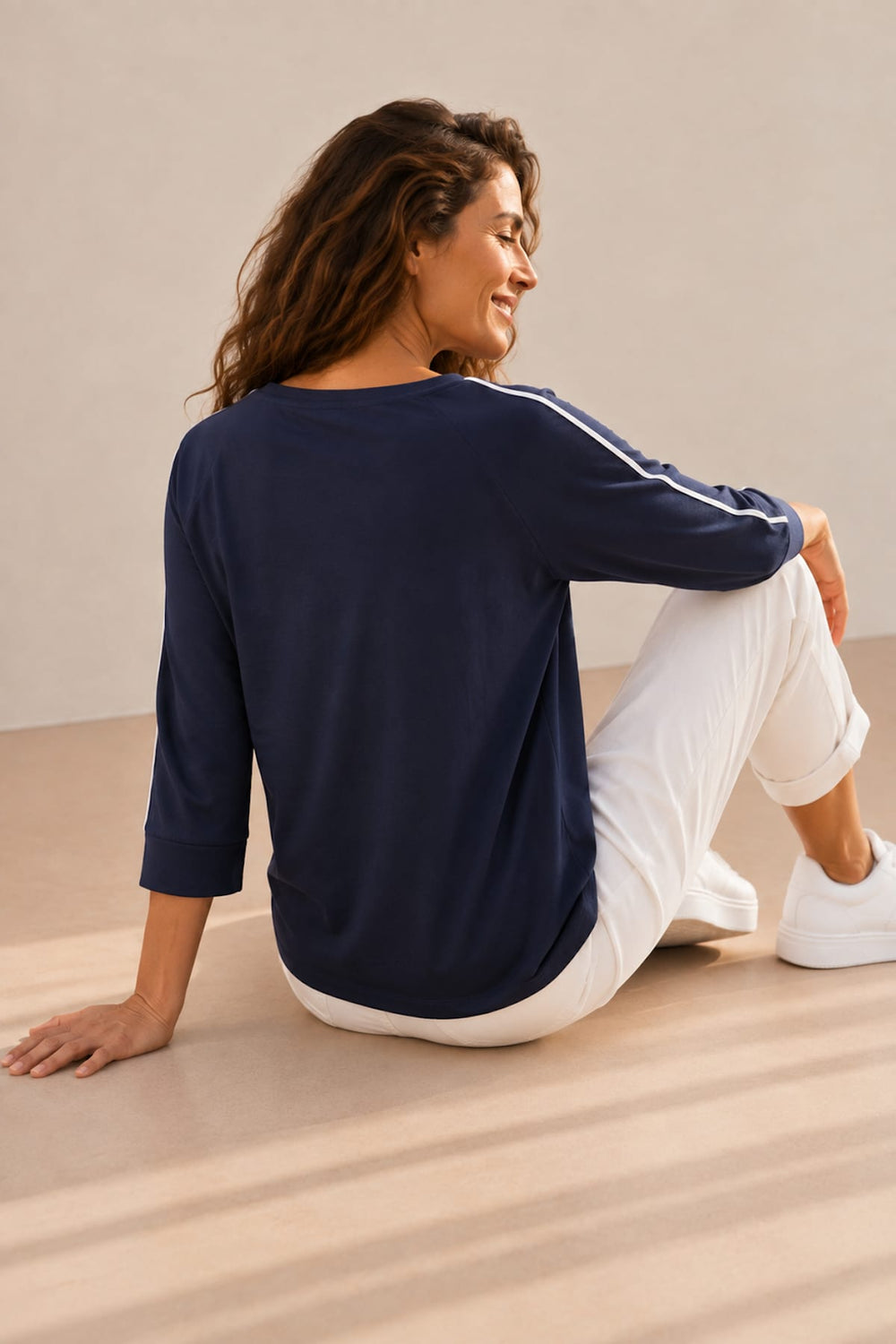Women's Kennys Three-Quarter-Sleeve Sweater with Contrasting Stripes (Front View)