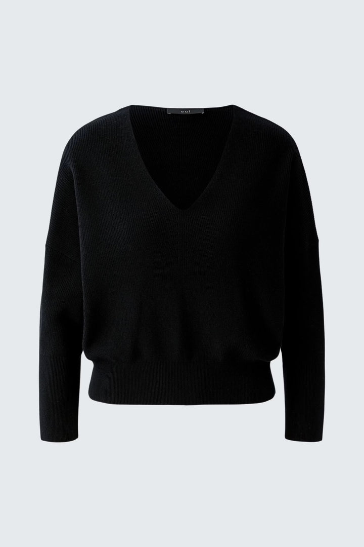 Vue latérale chandail col V blanc Oui pour femme en maille douce - Valérie Simon