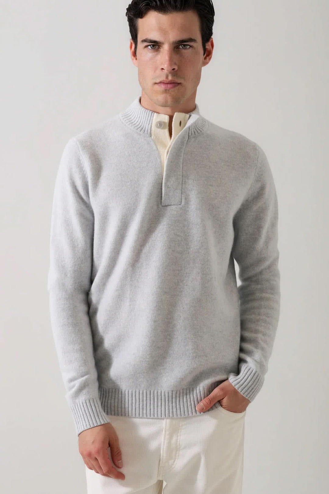 Patrick Assaraf men’s front view superfine lambswool button mock-neck sweater
