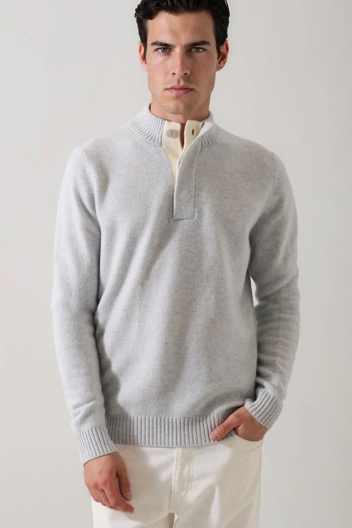Patrick Assaraf men’s front view superfine lambswool button mock-neck sweater