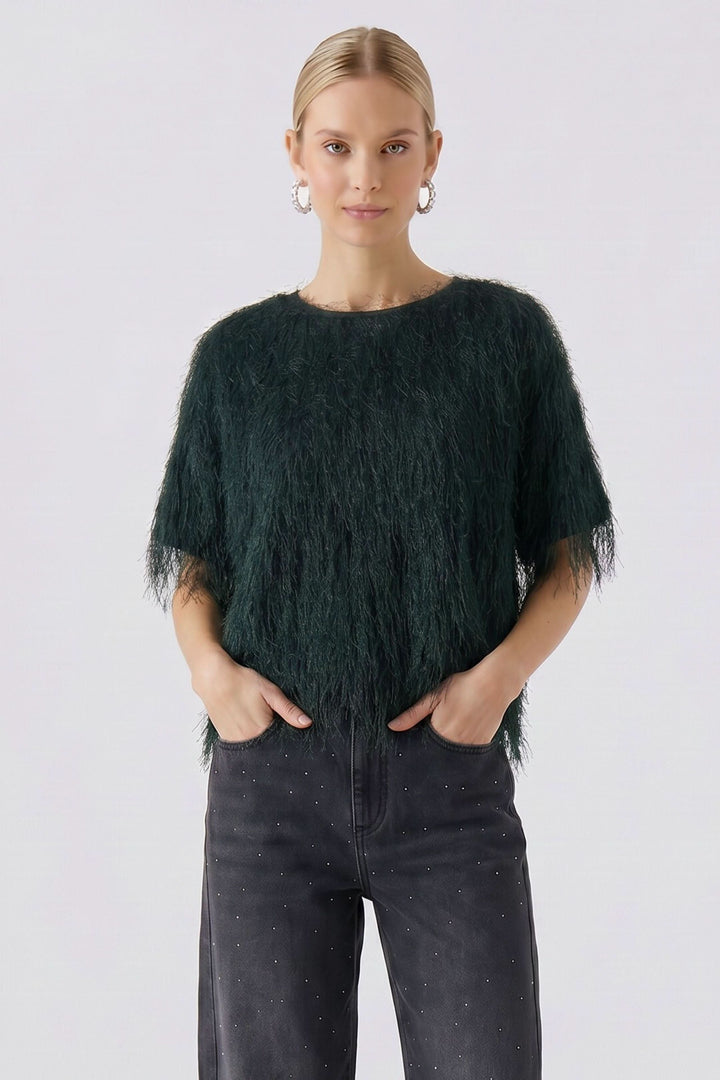 Chandail texturé à effet frangé vue de face pour femme Oui