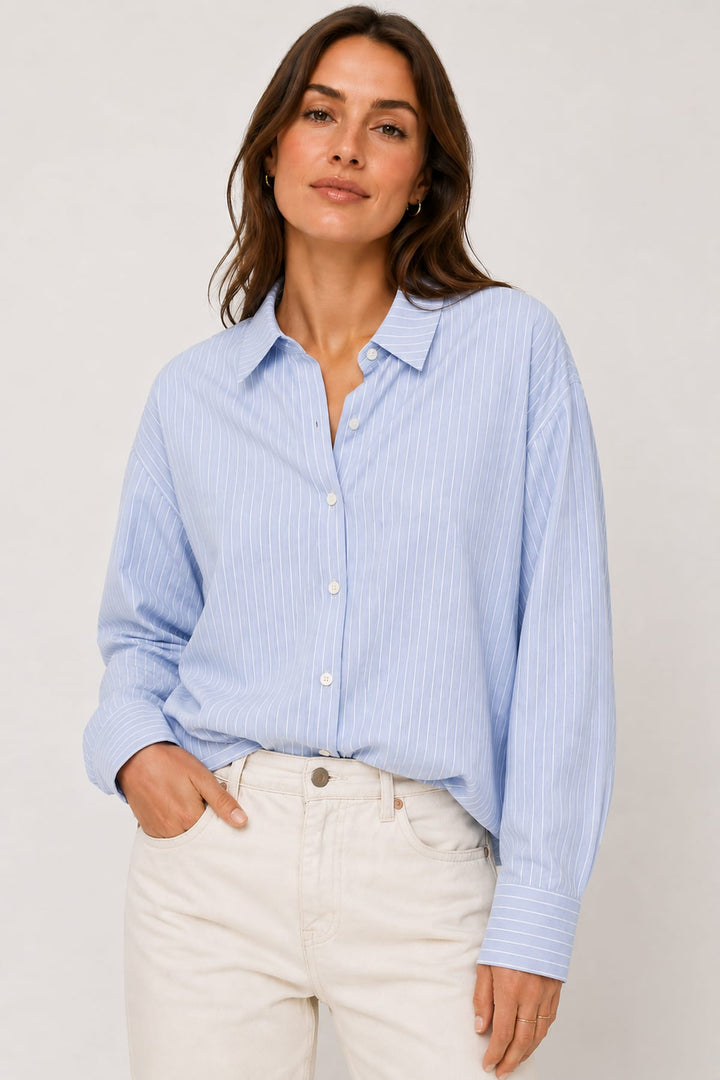 Vue de face chemise à fines rayures JC SOPHIE blanche pour femme - Valérie Simon