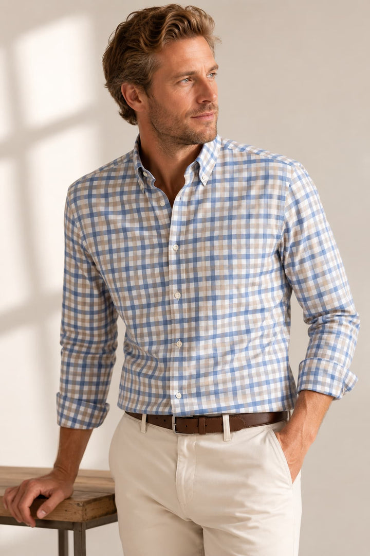 Vue de face chemise sport à carreaux bleue Paul and Shark pour homme - Valérie Simon