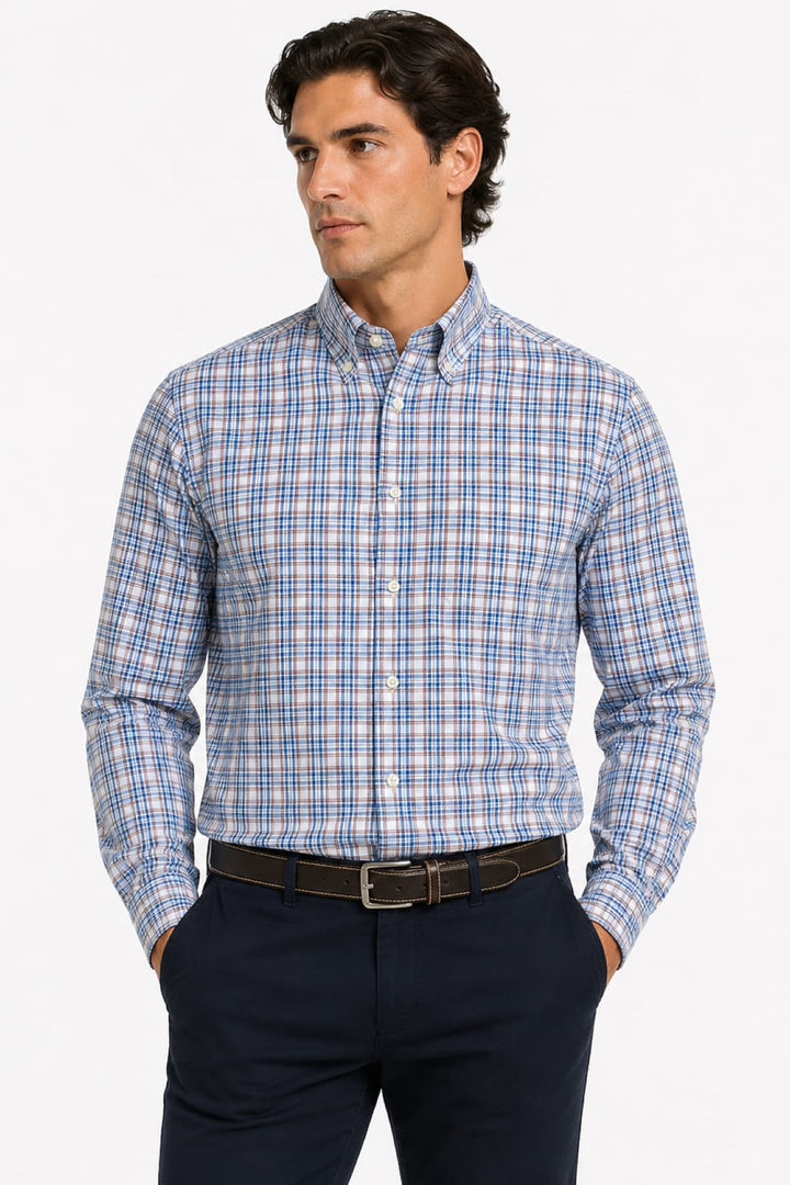 Vue de face chemise sport à micro carreaux Paul and Shark pour homme bleu avec logo brodé - Valérie Simon