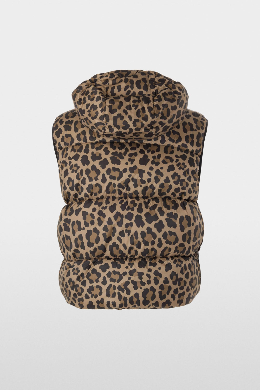 Veste matelassée à imprimé léopard et capuchon élégante en polyester pour superposition, idéale pour mi-saison ou journées fraîches.