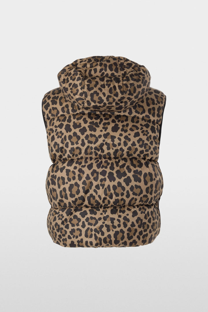 Veste matelassée à imprimé léopard et capuchon élégante en polyester pour superposition, idéale pour mi-saison ou journées fraîches.