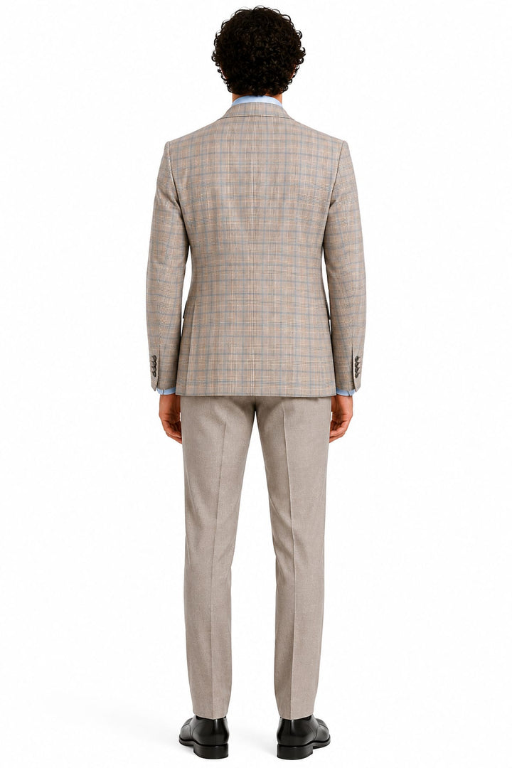 Full-length side view of a beige and gray men&