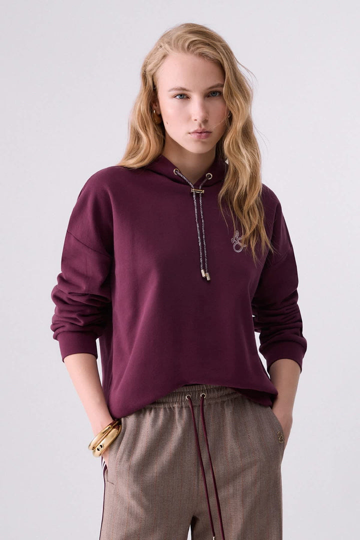 Fleece cotton sweater hoodie with embroidered pattern for women liujo