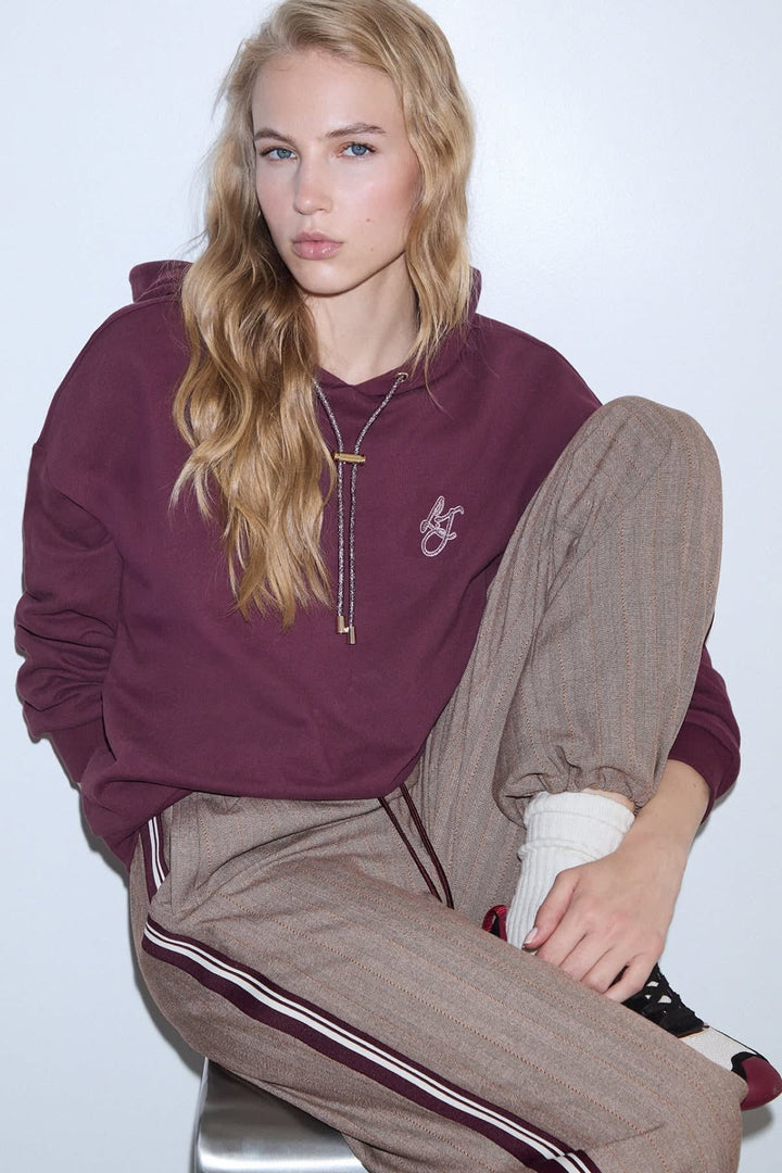 Fleece cotton sweater hoodie with embroidered pattern for women liujo