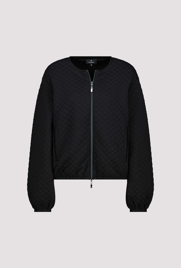 Veste matelassée avec poches noire à motif losanges, coupe courte moderne et manches longues bouffantes pour un style décontracté élégant.