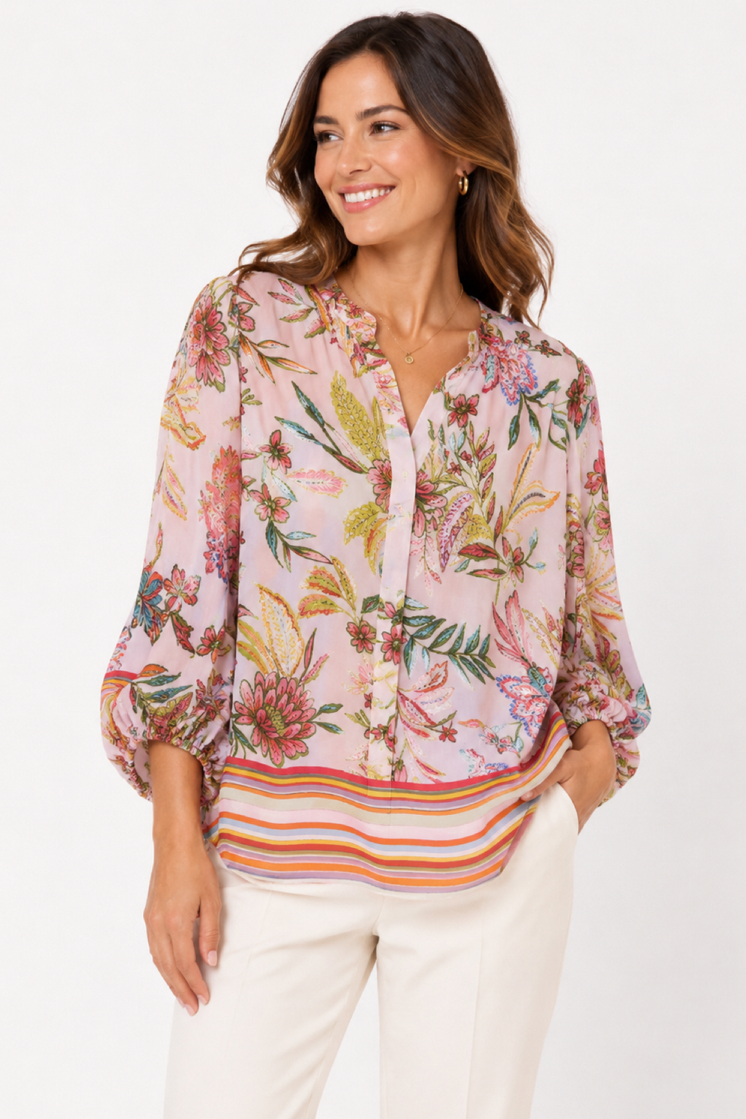 Vue de face blouse sans col Max Volmary florale multicolore - Valérie Simon