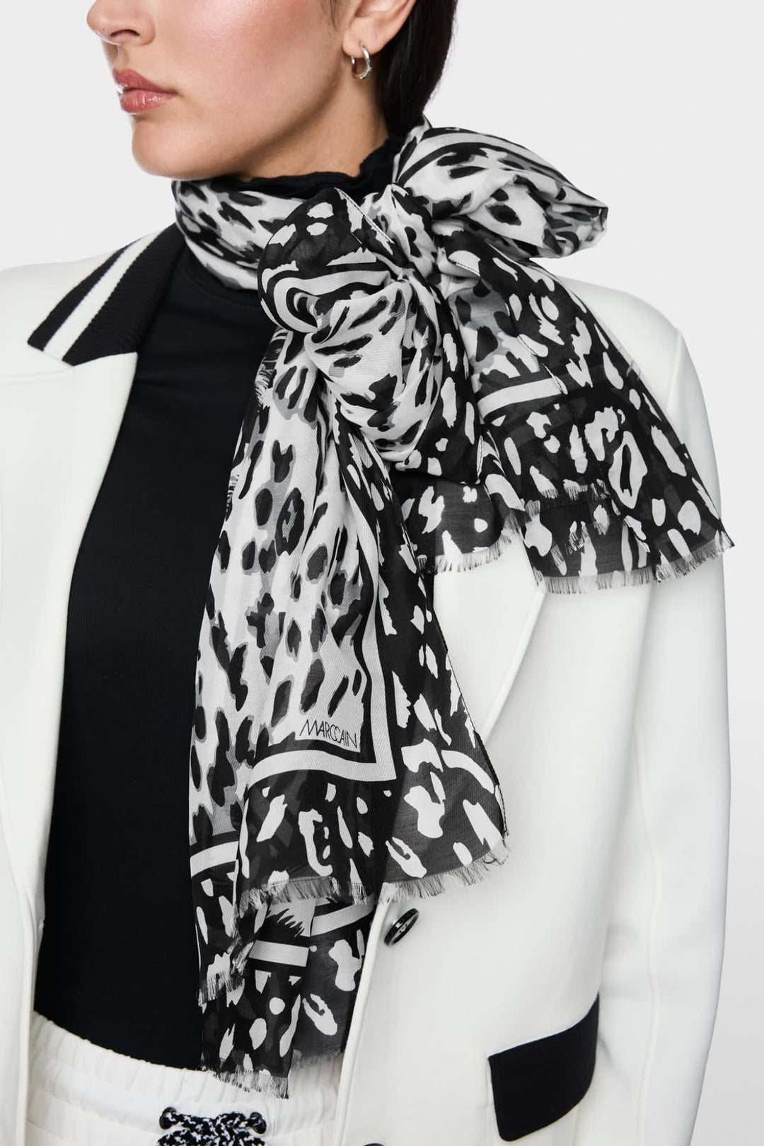 Front view of the printed cotton-silk scarf for women by Marc Cain
