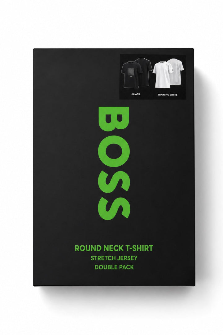 Vue de face duo t-shirts BOSS pour homme blanc et noir avec logo discret - Valérie Simon