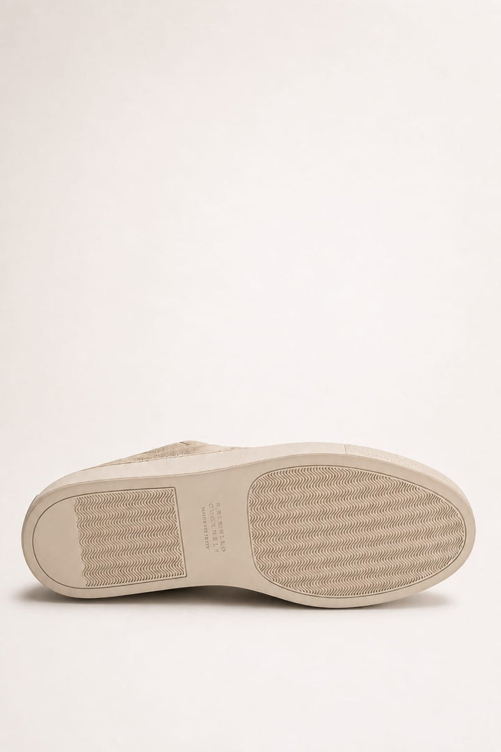 Vue latérale espadrille sans lacets Robert Barakett homme en cuir suédé beige avec couture fine - Valérie Simon