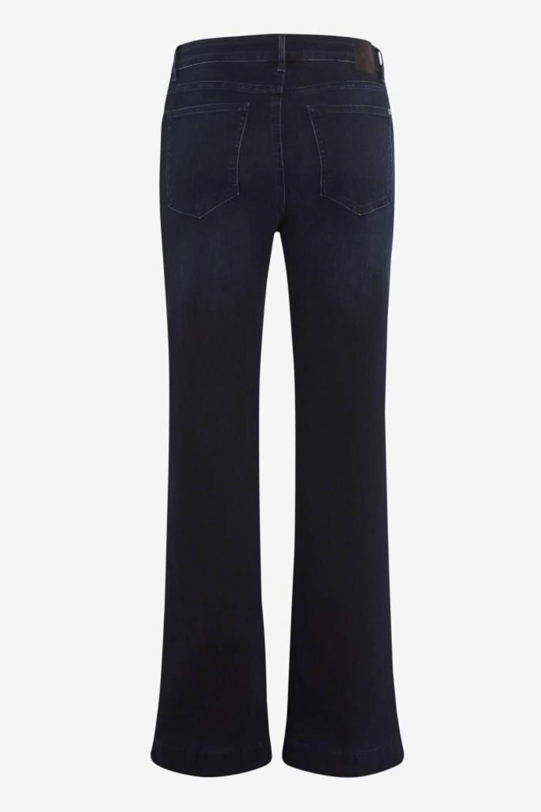 Jeans Shakira coupe évasée en denim bleu foncé, vue arrière, avec taille classique et bas de jambe ample pour un look chic et décontracté.