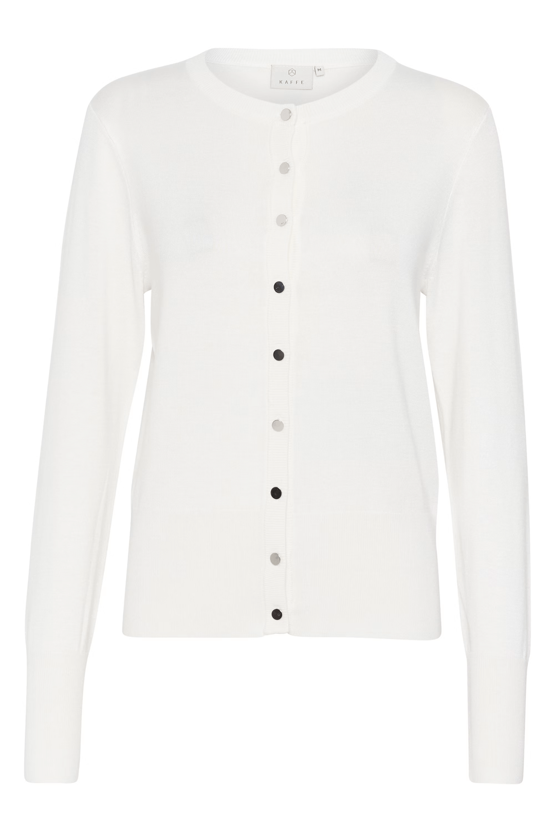 Cardigan Lizza blanc avec encolure ronde et boutons, élégant et polyvalent, manches longues ajustées, couture fine.