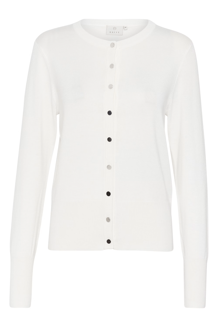 Cardigan Lizza blanc avec encolure ronde et boutons, élégant et polyvalent, manches longues ajustées, couture fine.