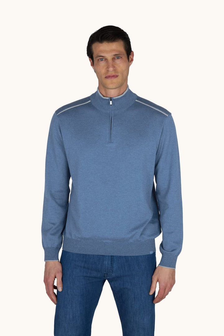 Vue de face haut en tricot demi-zip Paul and Shark pour homme gris avec logo brodé - Valérie Simon