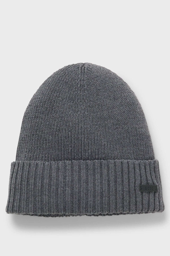 Tuque en laine vierge à maille épaisse BOSS pour chaleur et style, gris avec logo discret, idéale pour looks hivernaux élégants.