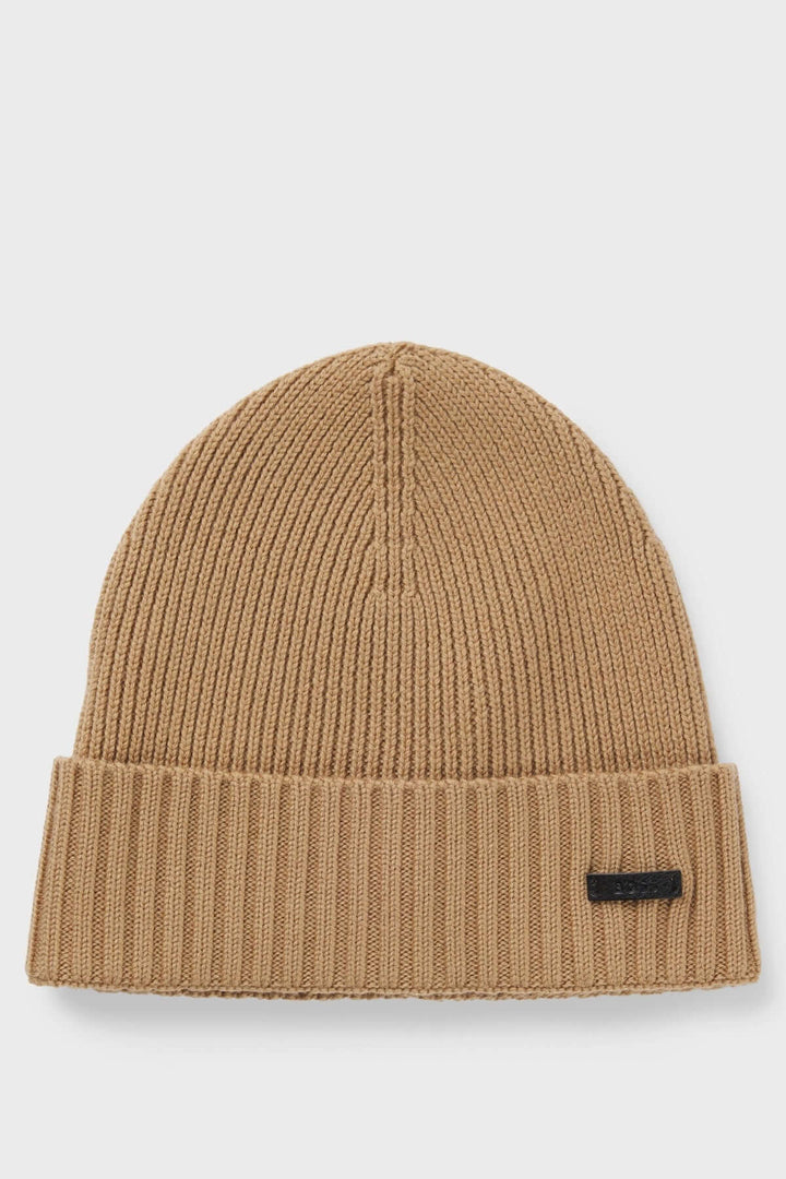 Tuque en laine vierge à maille épaisse BOSS avec logo, idéale pour l'hiver et la mode moderne.