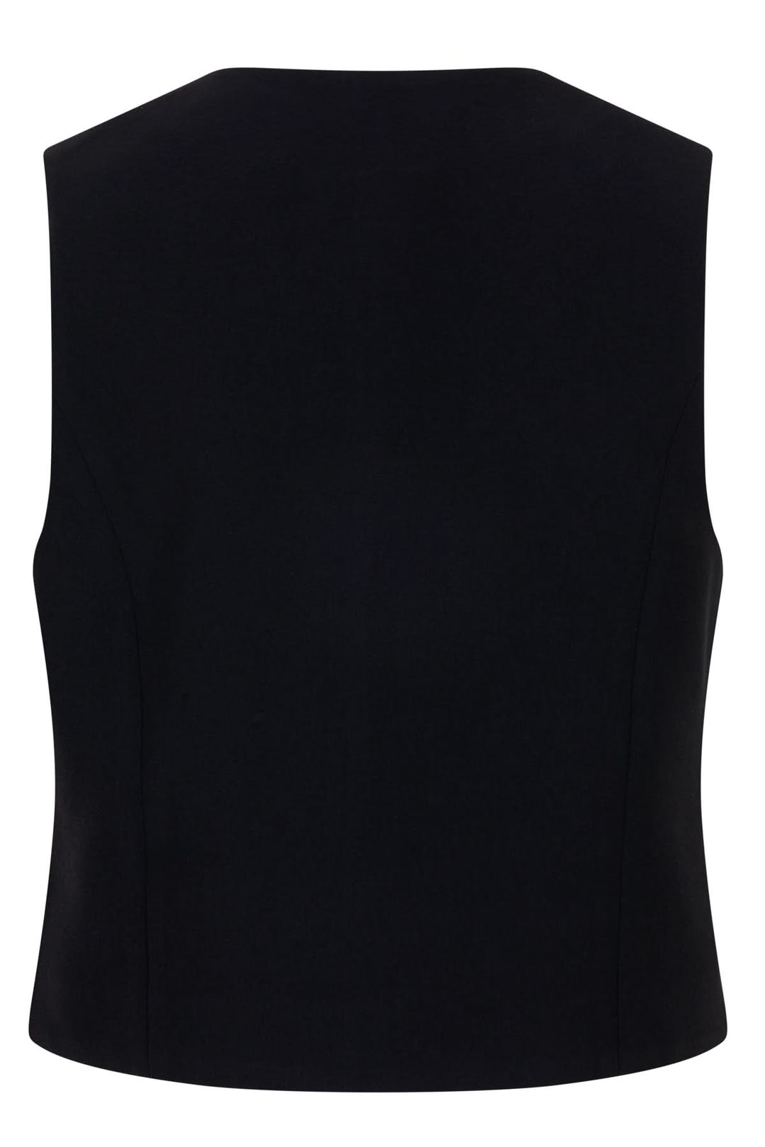 Veste sans manches noire, décolleté en V, minimaliste avec coupe ajustée, vue arrière.