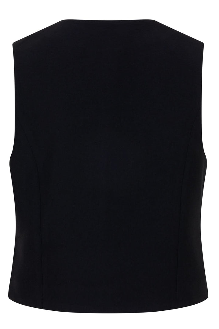 Veste sans manches noire, décolleté en V, minimaliste avec coupe ajustée, vue arrière.