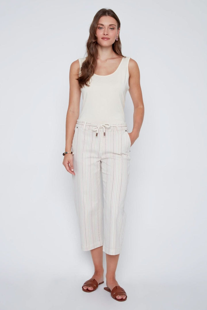Pantalon capri rayé à taille cordon