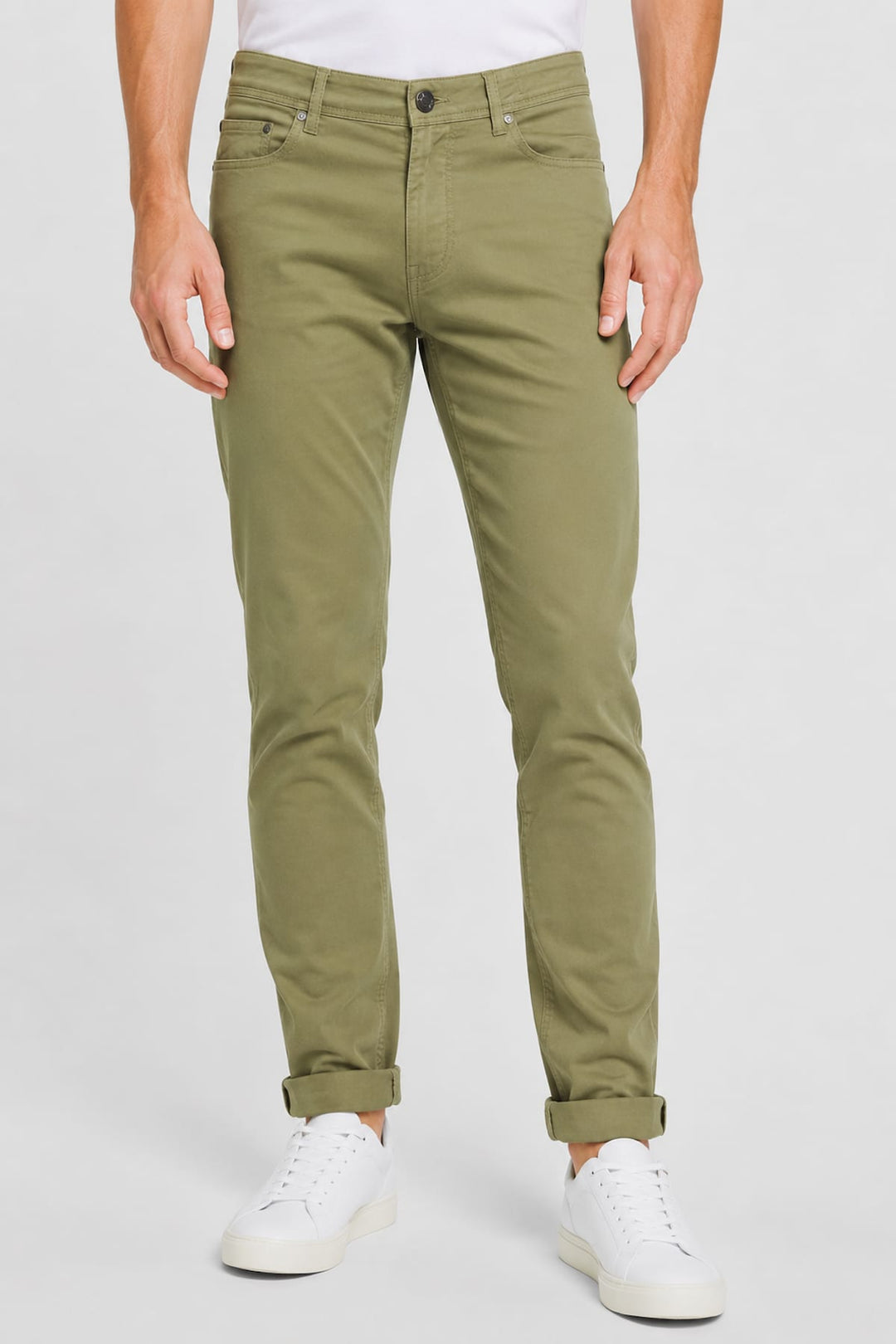 Side view of the REHASH stretch jeans for men in gray with topstitching by Valérie Simon