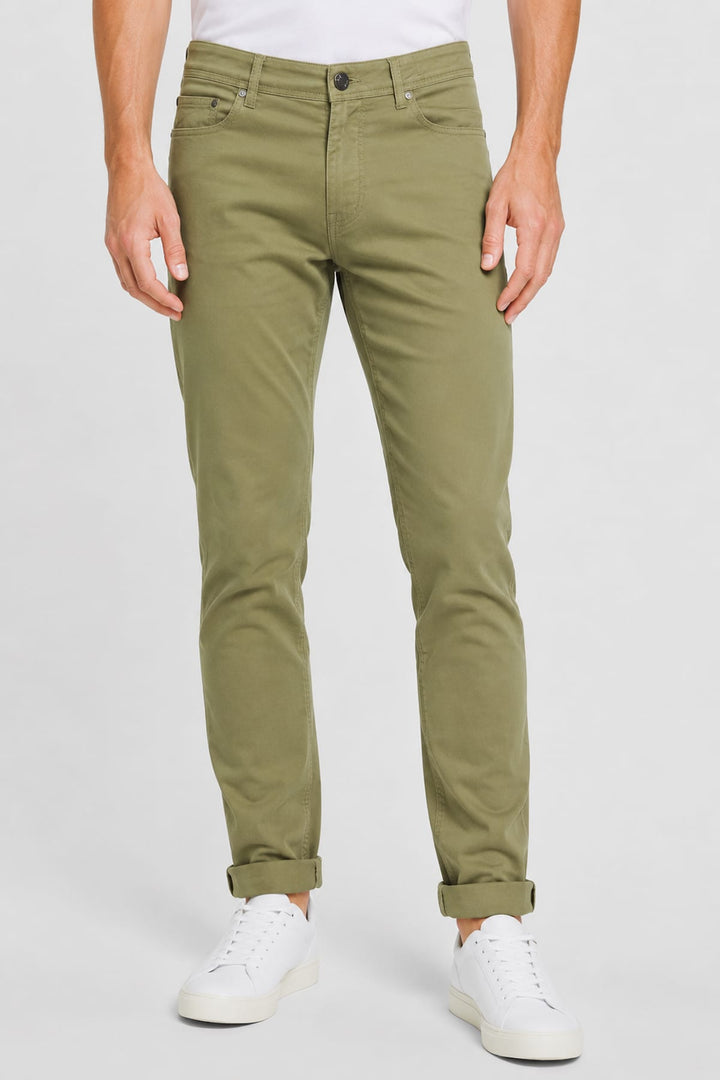 Side view of the REHASH stretch jeans for men in gray with topstitching by Valérie Simon