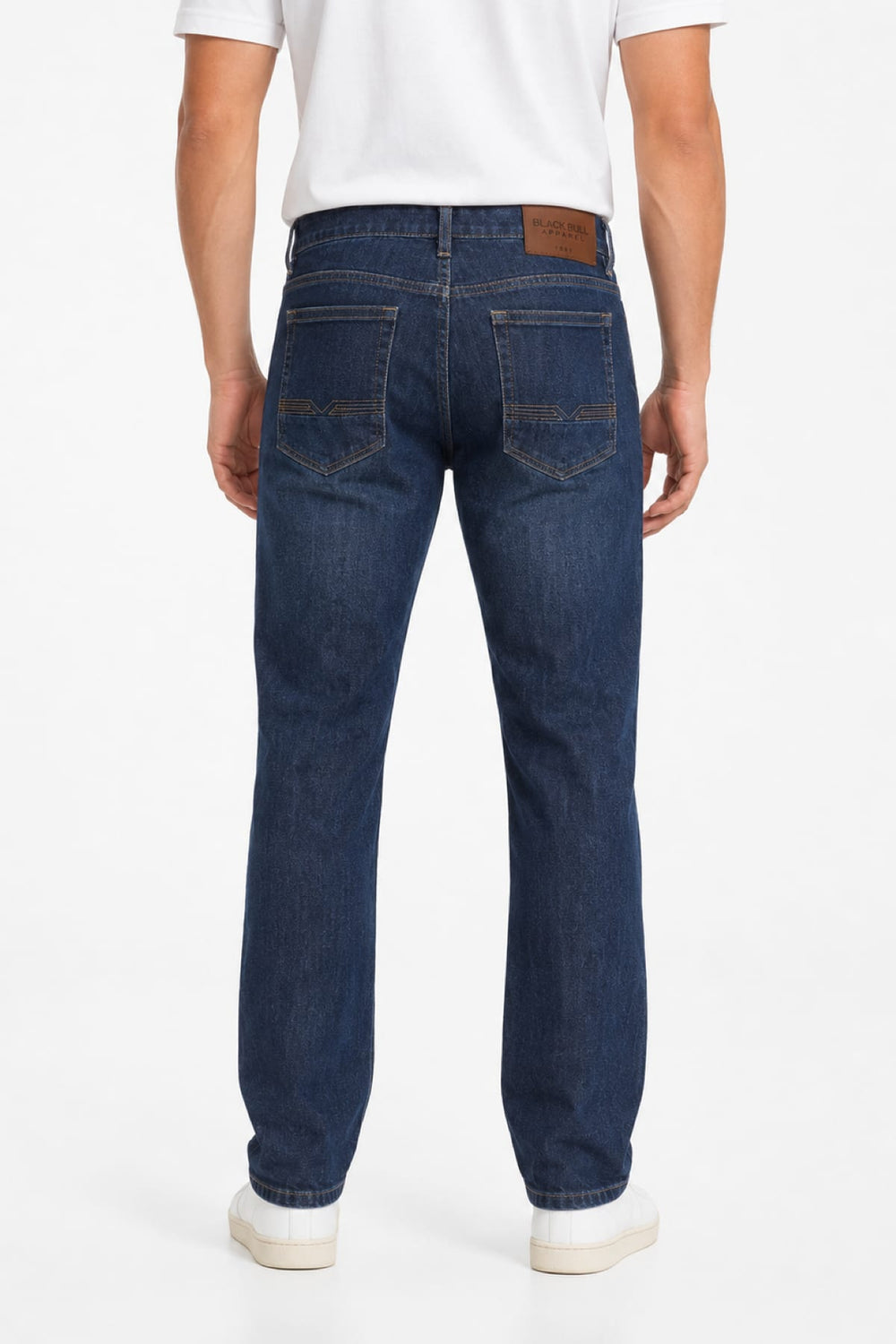 Side view of black jeans with Black Bull contrast stitching for men - Valérie Simon