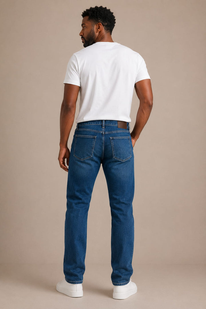 Vue de dos jean droit délavé Paige pour homme bleu avec poches stylisées - Valérie Simon