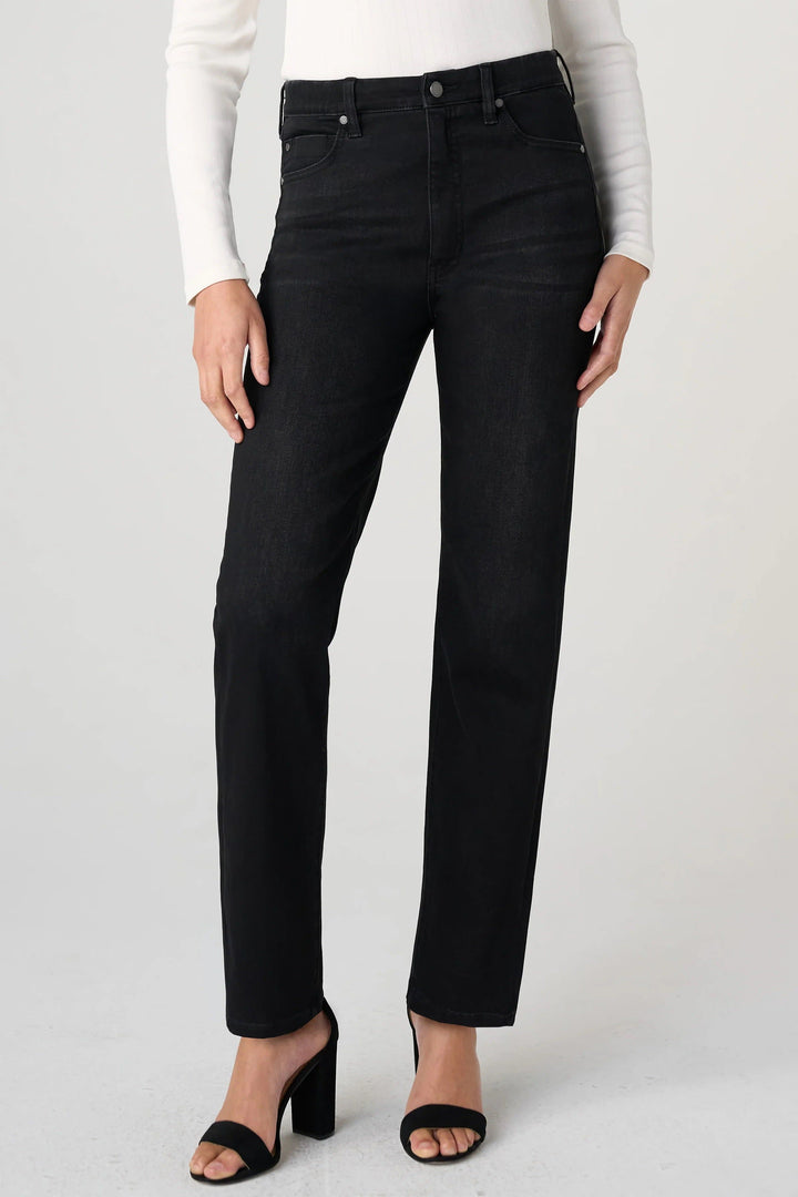 Vue de face jean droit taille haute bleu Liverpool pour femme - Valérie Simon