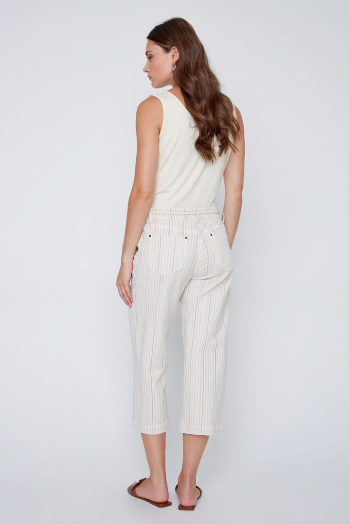 Pantalon capri rayé à taille cordon