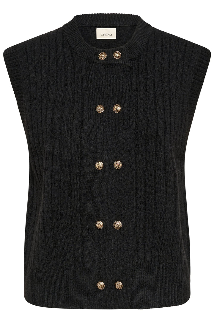 Veste Eroka sans manches en tricot à boutons dorés, chic et moderne, idéale pour superposer en mi-saison.