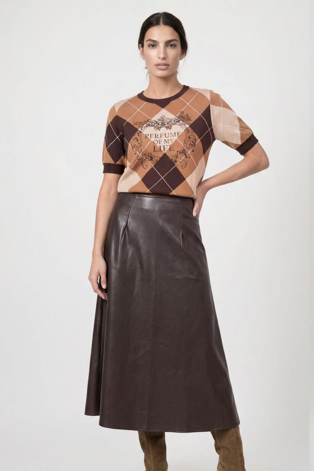 Women's Monari faux leather flared midi skirt viewed from the front