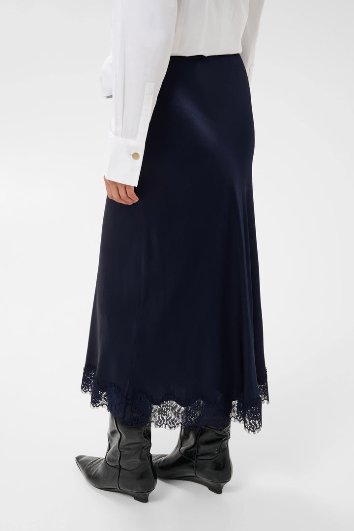 Jupe midi satinée Denija avec bordure en dentelle vue de face pour femme Part Two