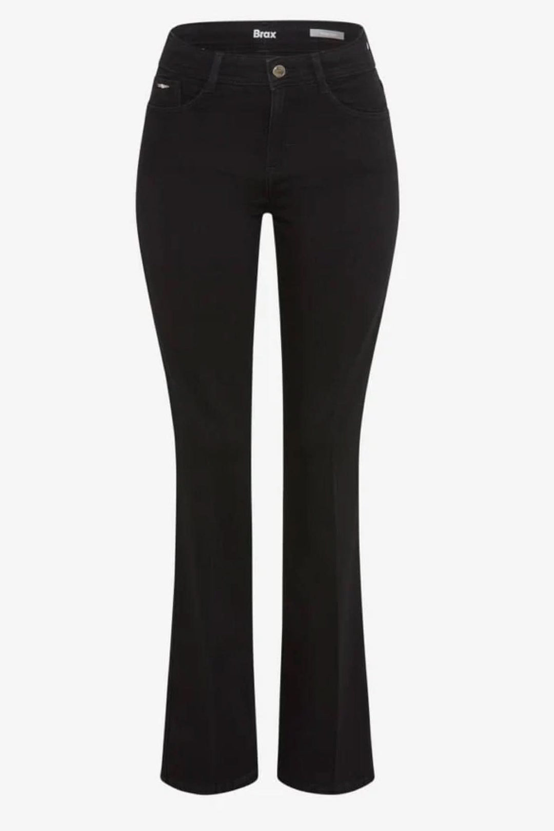 Jeans bootcut Shakira en denim élastique noir, taille mi-haute, coupe légèrement évasée, confort et maintien pour un look polyvalent.