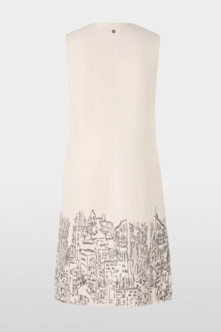 Robe en laine bouillie, sans manches, avec imprimé urbain artistique, légèrement évasée, patte de boutonnage, fabriquée en Europe.