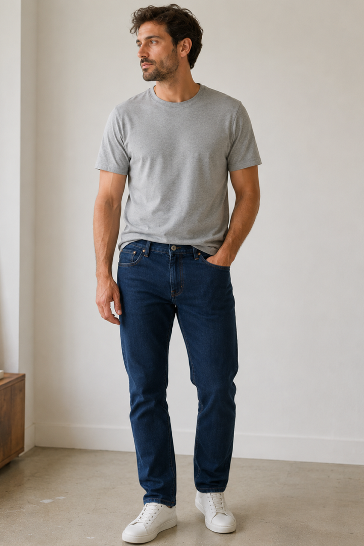 Vue de trois-quarts jean coupe ajustée extensible Brax pour homme - Valérie Simon