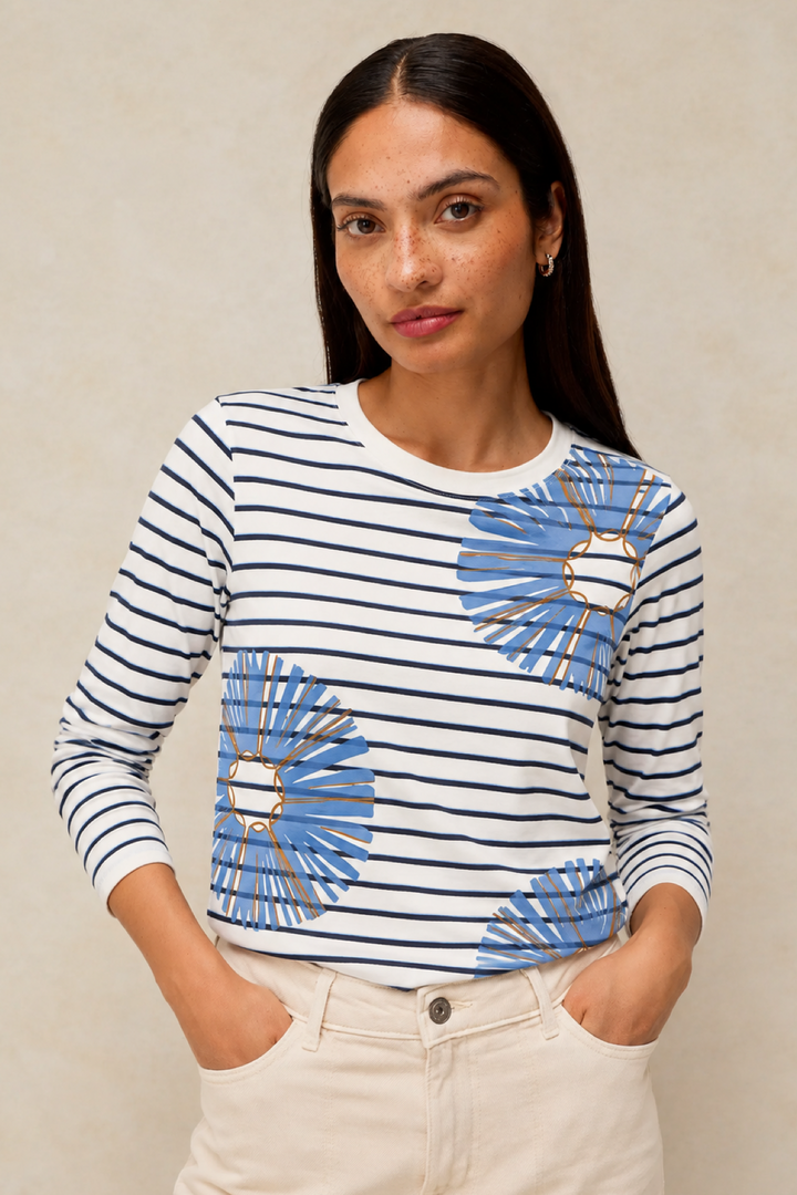 Striped long-sleeve T-shirt with floral print 