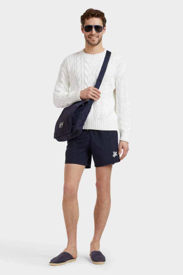 Vue de face maillot de bain uni Vilebrequin bleu pour homme avec cordon blanc - Valérie Simon