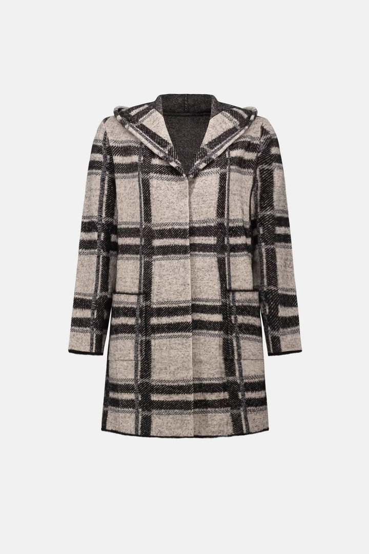 Vue de face manteau à carreaux avec capuchon Joseph Ribkoff beige - Valérie Simon