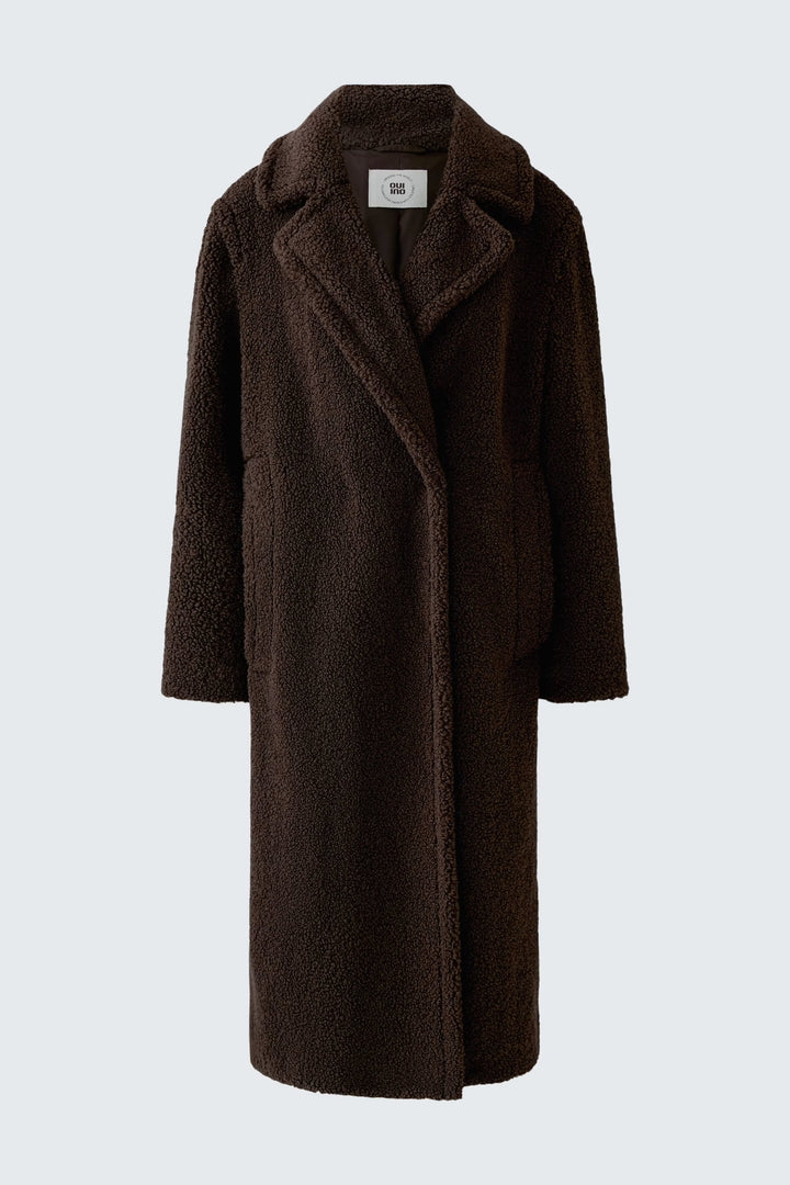 Vue de face manteau long effet peluche beige Oui pour femme avec poches visibles - Valérie Simon