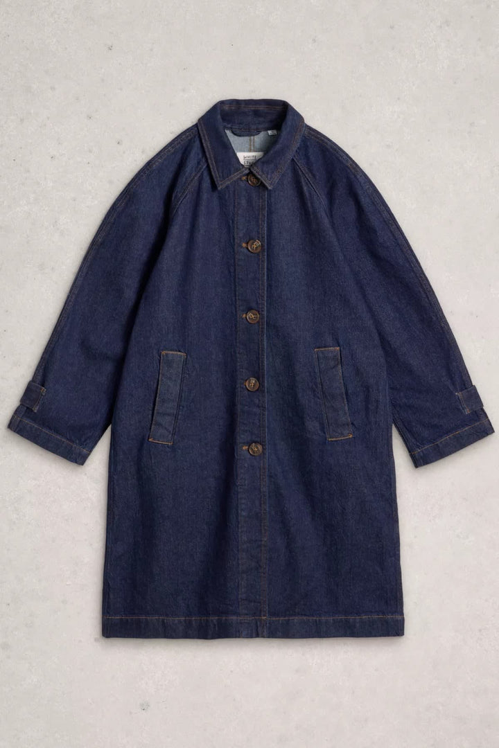 Vue de dos manteau long Oakleigh denim avec col large White Stuff pour femme - Valérie Simon