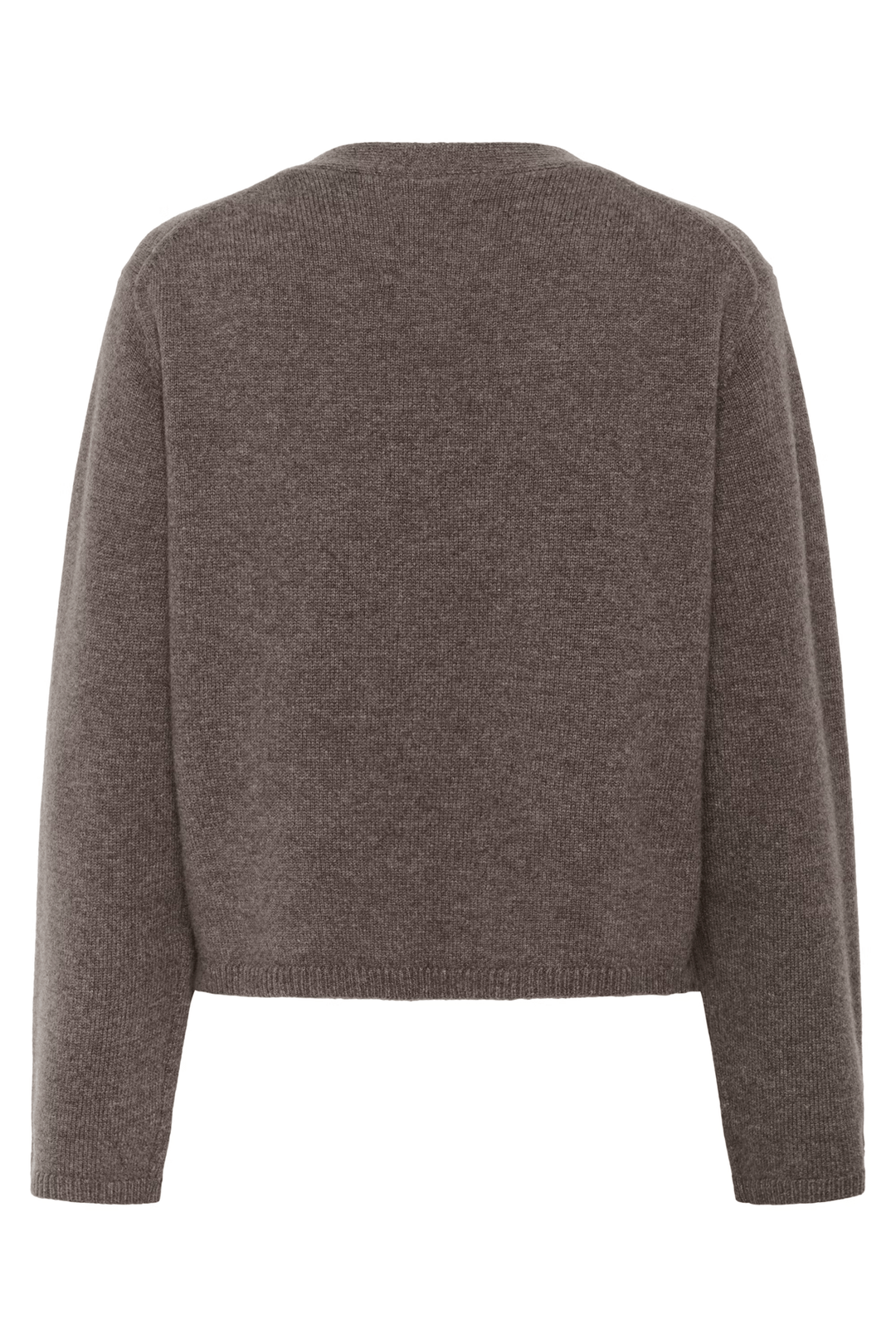 Cardigan Sveva en laine grise avec coupe droite et col en V profond, vue arrière montrant le style chic et décontracté.