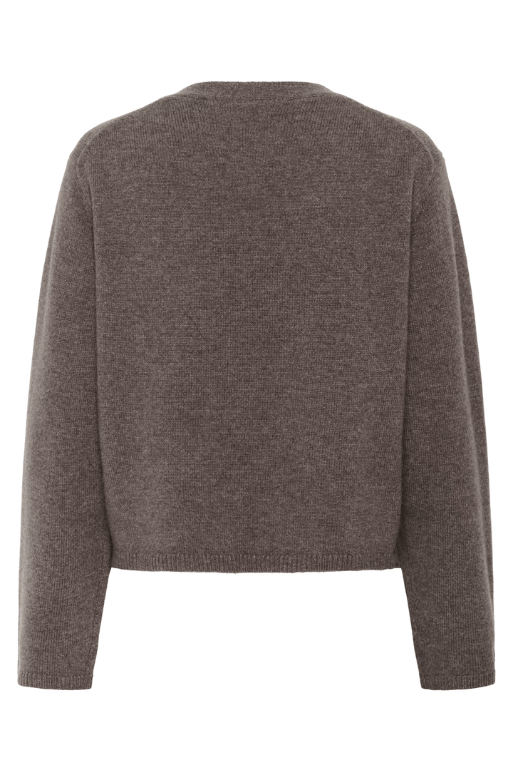 Cardigan Sveva en laine grise avec coupe droite et col en V profond, vue arrière montrant le style chic et décontracté.