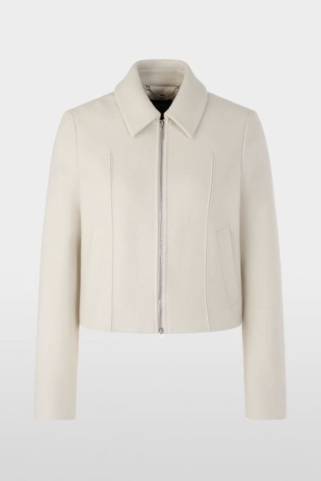 Veste en laine vierge avec fermeture éclair, poches passepoilées, et poignets fendus, fabriquée en Allemagne.