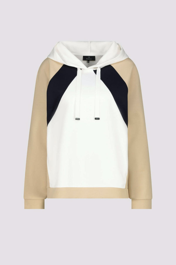 Sweat colorblock à capuche moderne avec trois teintes: blanc, beige, noir, doté d'un cordon de serrage blanc et embouts métalliques.