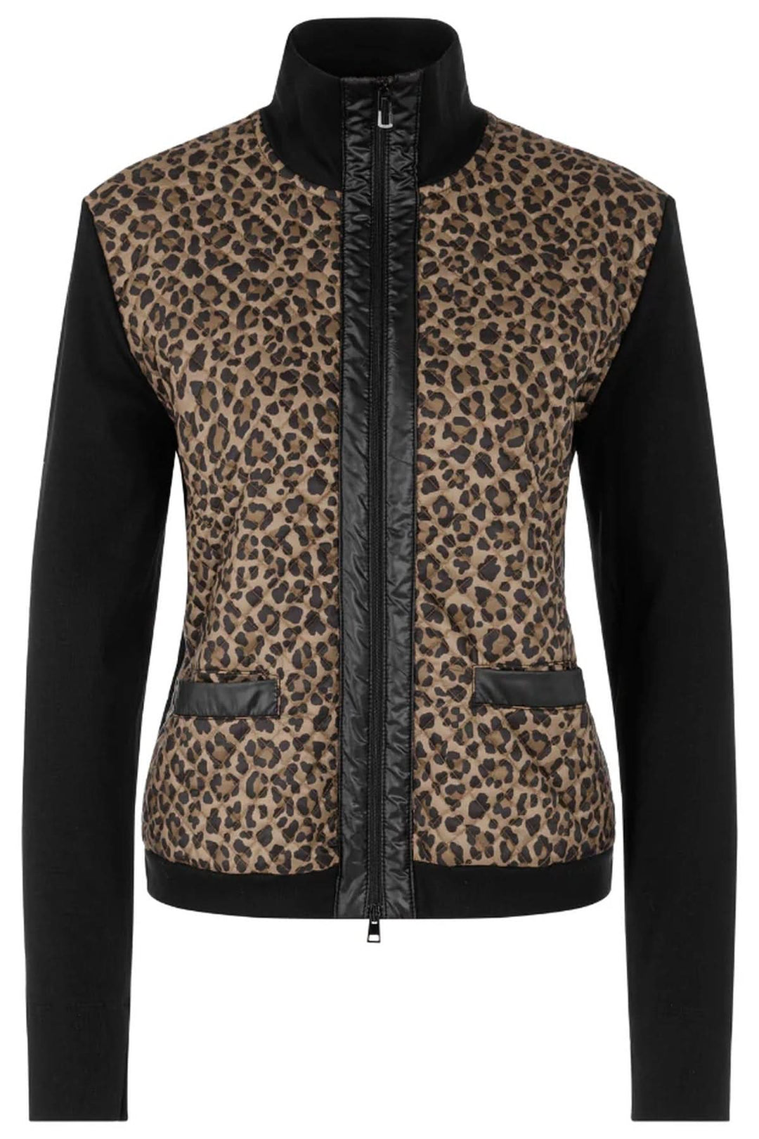 Veste avec manche léopard imprimé, matelassage léger, finitions contrastées et fermeture éclair, style moderne et pratique, tenue chaude.